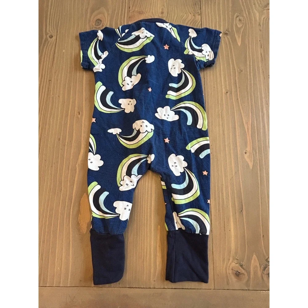 K35 Kids Tales Navy Rainbow Cloud Star Print Short Sleeve Zip Romper Size 80 - Picture 2 of 4